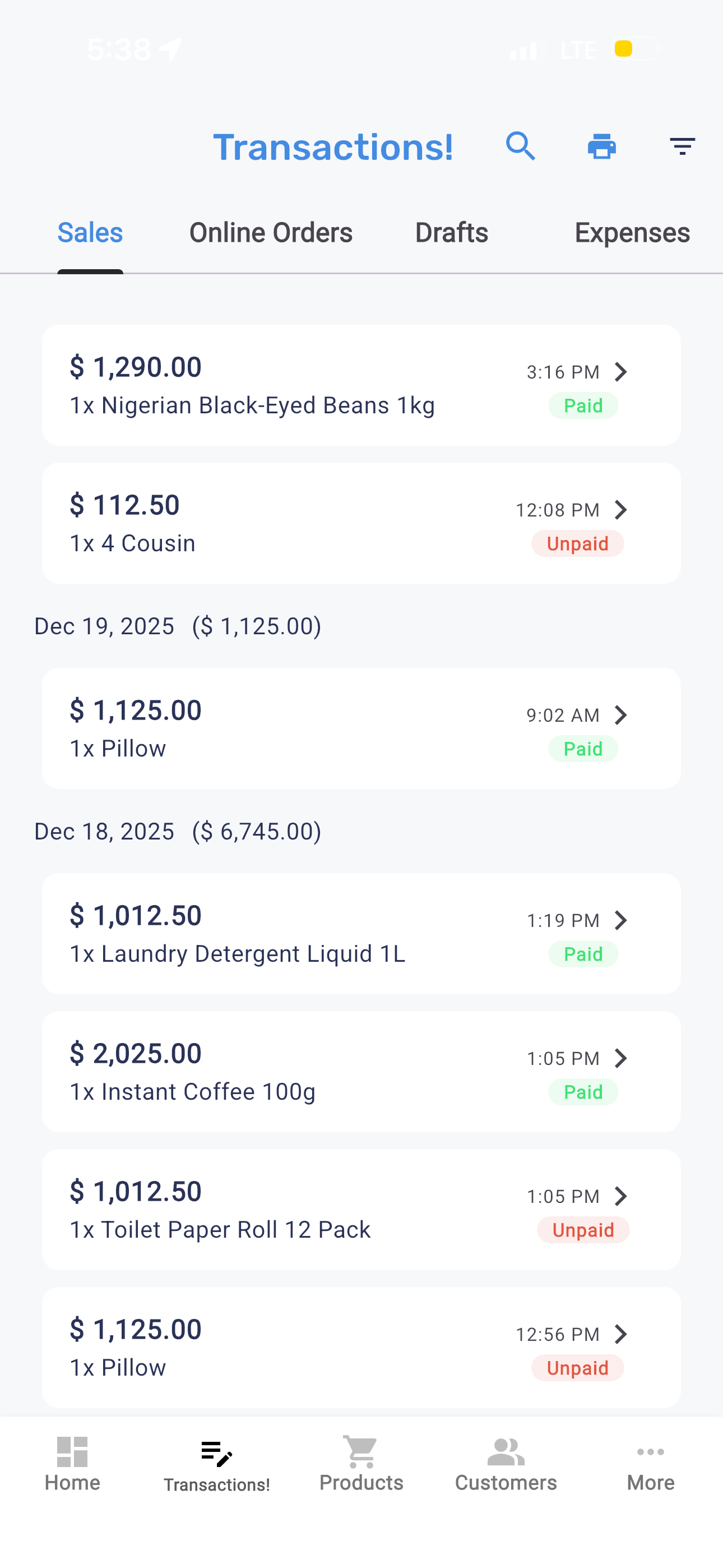 POSA Mobile App - Transactions